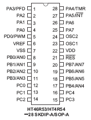 Расположение выводов HT46R53/HT46R54