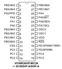 Расположение выводов HT46R24, HT46C24