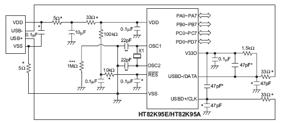 Типовая схема включения HT82K95E, HT82K95A