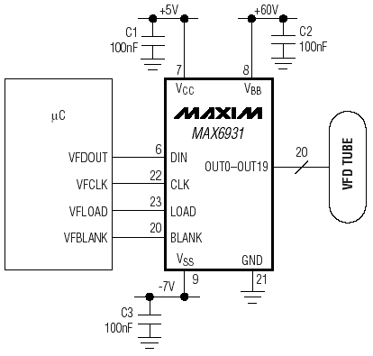 Типовая схема включения MAX6921, MAX6931