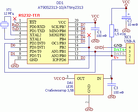 Подключение шины USB к микроконтроллеру ATtiny2313 в качестве преобразователя USB