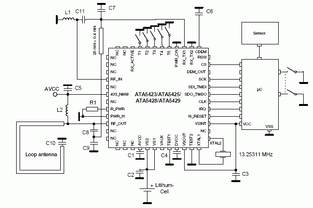 Типичная схема включения ATA5423/ATA5425/ATA5428/ATA542942 для дистанционного управления на частоте 433,92 МГц и питании от 1 батареи