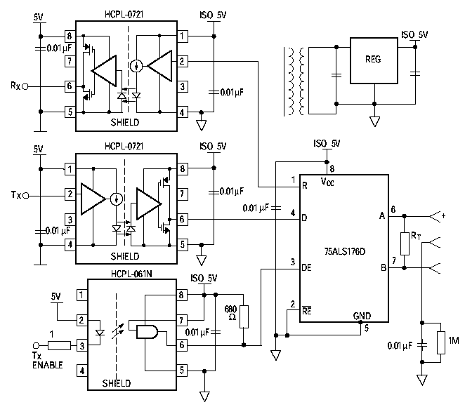 Схема подключения к сети PROFIBUS на КМОП оптронах