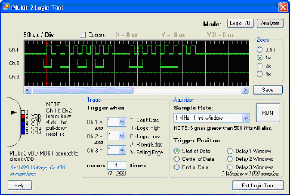 Окно Logic Tool в режимах Analyzer и Logic I/O программы PICkit 2 Programmer