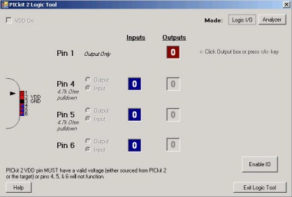 Окно Logic Tool в режимах Analyzer и Logic I/O программы PICkit 2 Programmer