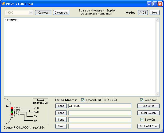 Окно UART Tool программы PICkit 2 Programmer